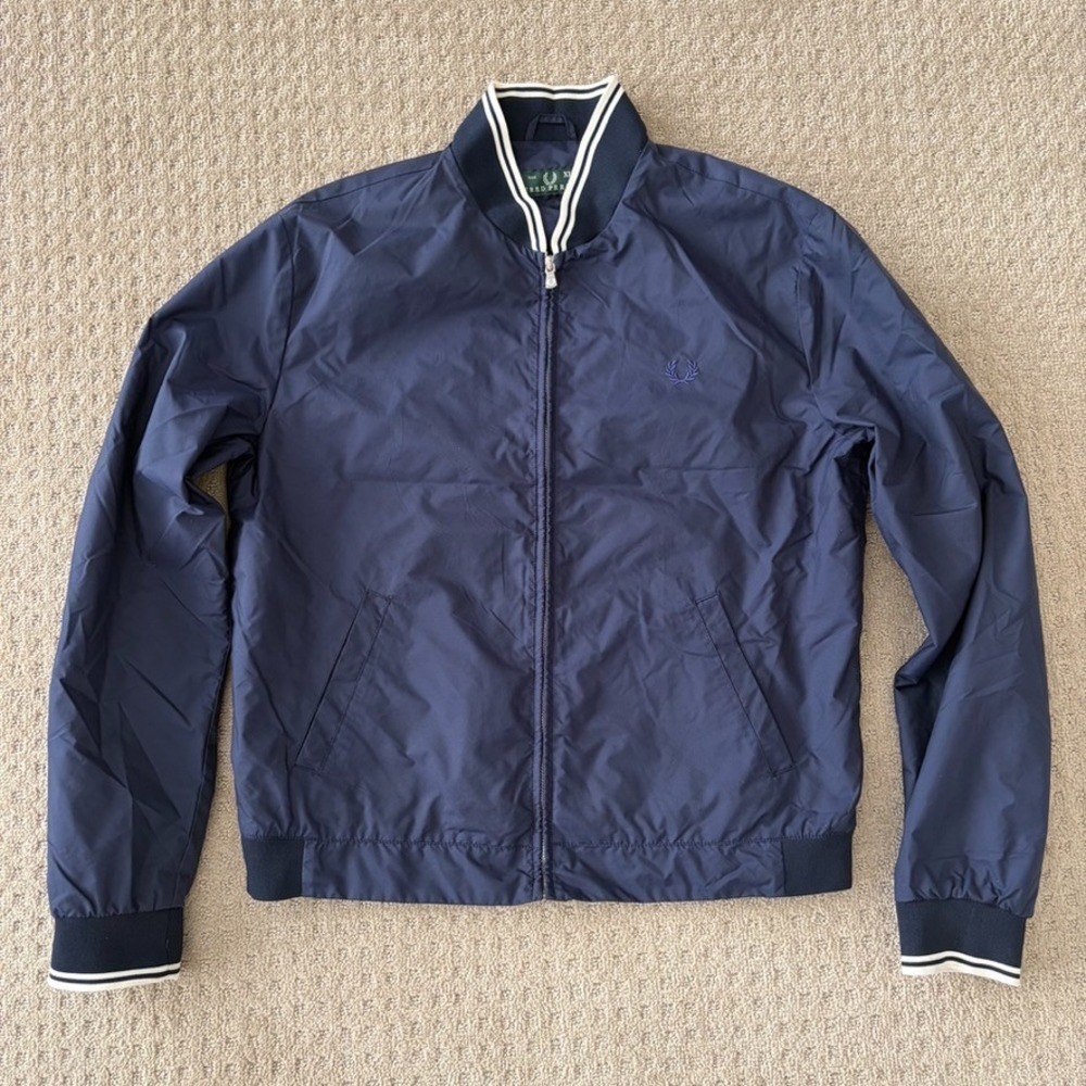Fred Perry Tennis Bomber Jacket in Navy Blue Nylon Men XL Full Zip Made in Italy